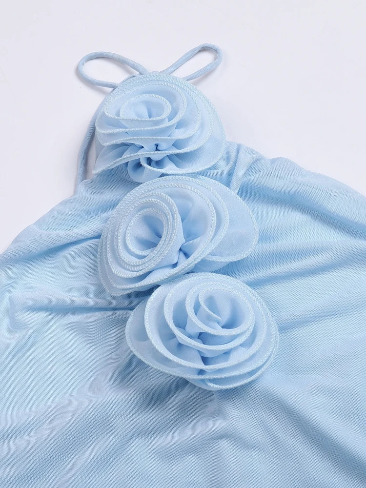 Blue Halter Neck 3D Flower Bodycon Long Dress