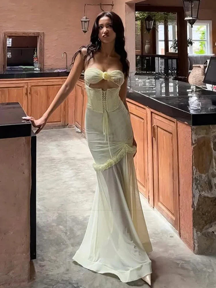 Strapless Cut Out Mesh Corset Ruffles Maxi Dress
