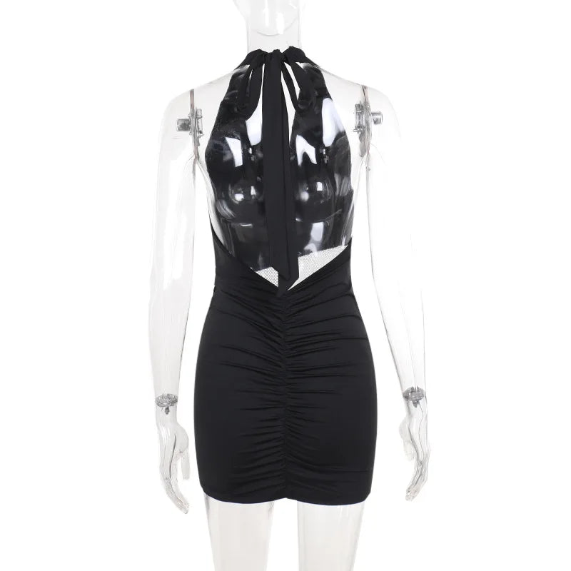 Black Halter Neck Patchwork Sequin Mesh Mini Dress