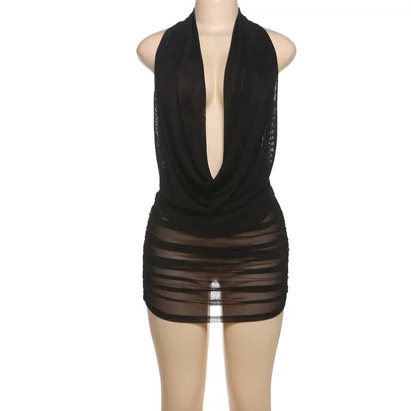 Mesh Cowl Deep Neck Halter Top and Mini Skirt Set