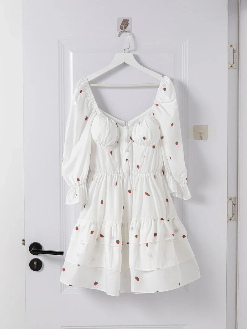 White Strawberry Print Puff Sleeve Frill Mini Dress