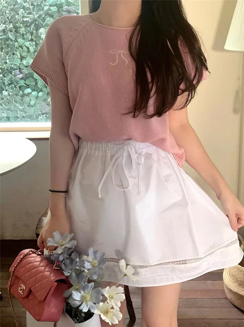 Round Neck Bow Print Short Sleeved Knitted Top
