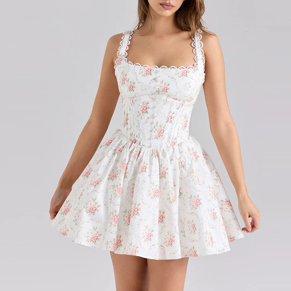 White Floral Print Back Tie Flare Mini Dress - Casual Loose Fit