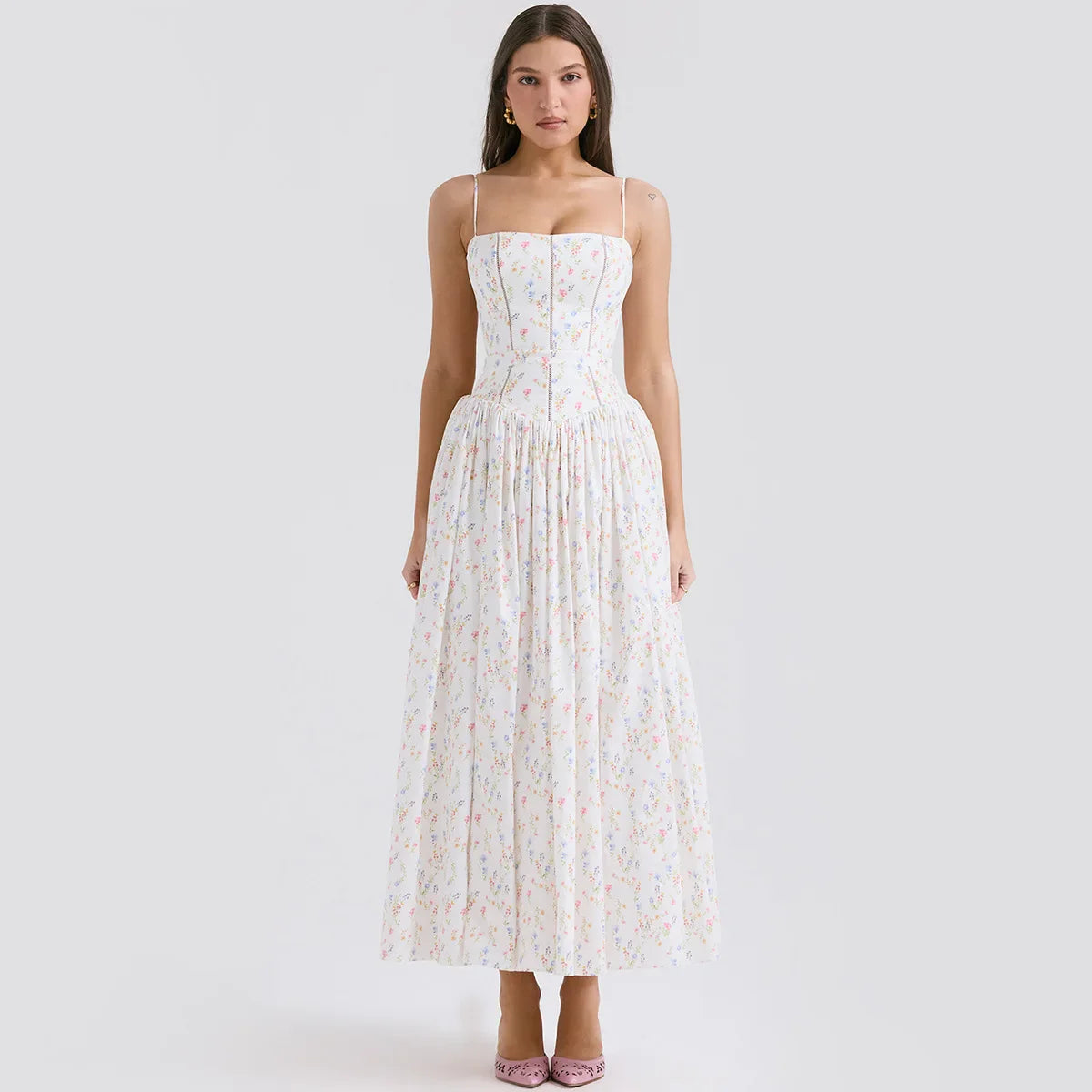 Strap Floral Printed Straight Neck Midi Dress