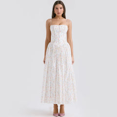 Strap Floral Printed Straight Neck Midi Dress
