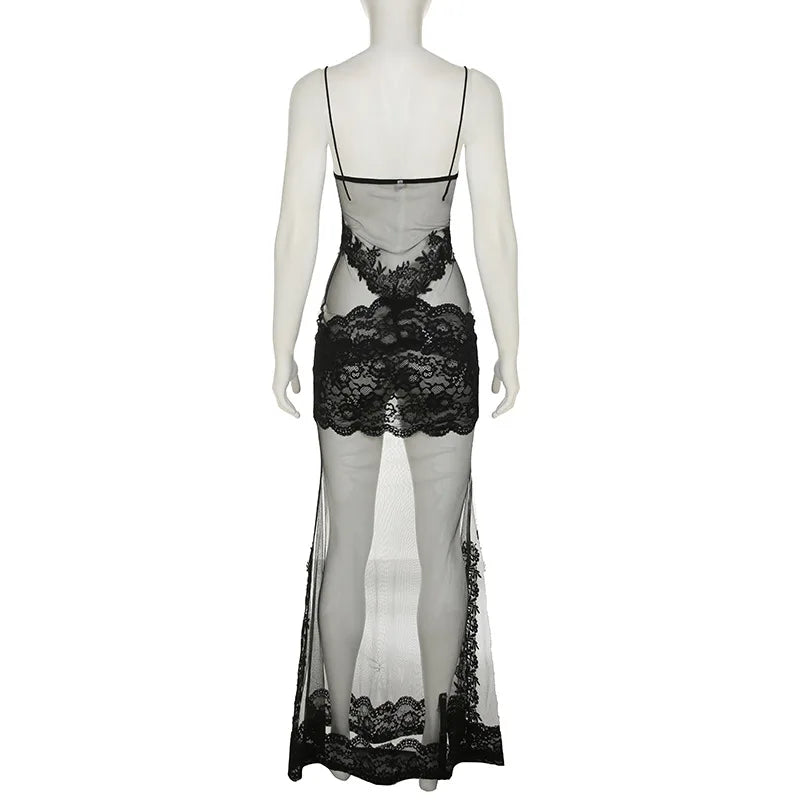 Mesh Lace Patchwork Spaghetti Strap Midi Dress