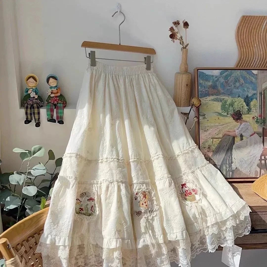 White Embroidery Lace Long Skirt - Sweet A-Line