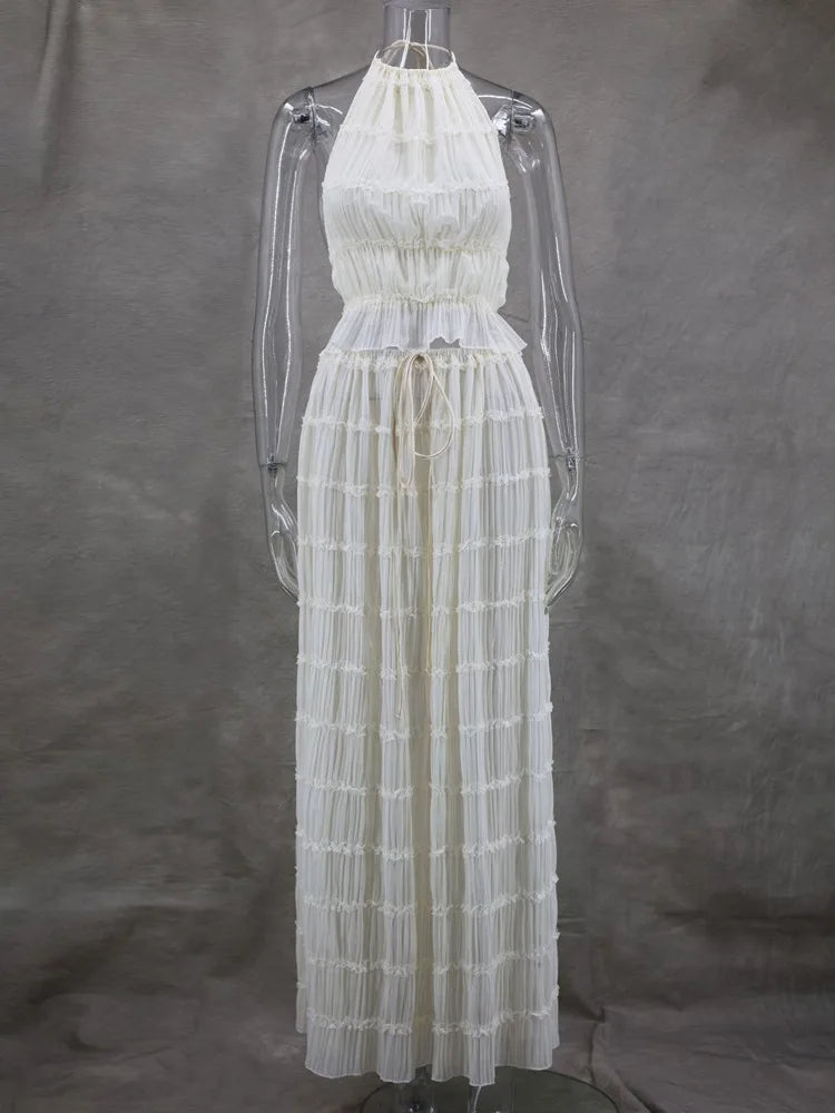 Halterneck Ruched Open Back Tie Up Top And Maxi Skirt Set