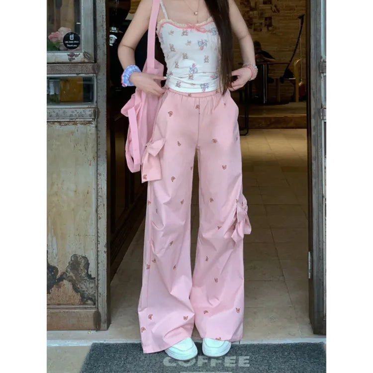 Bows Bear Printed Wide Leg Elastic Cargo Pants