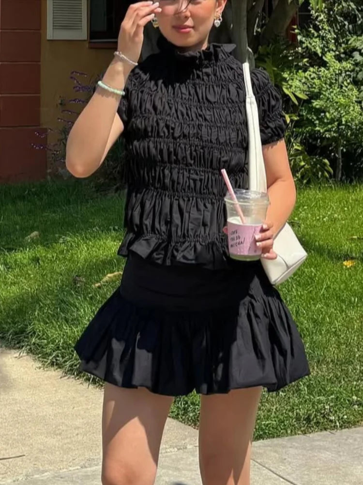 Ruched Short Sleeve Tie Up Top