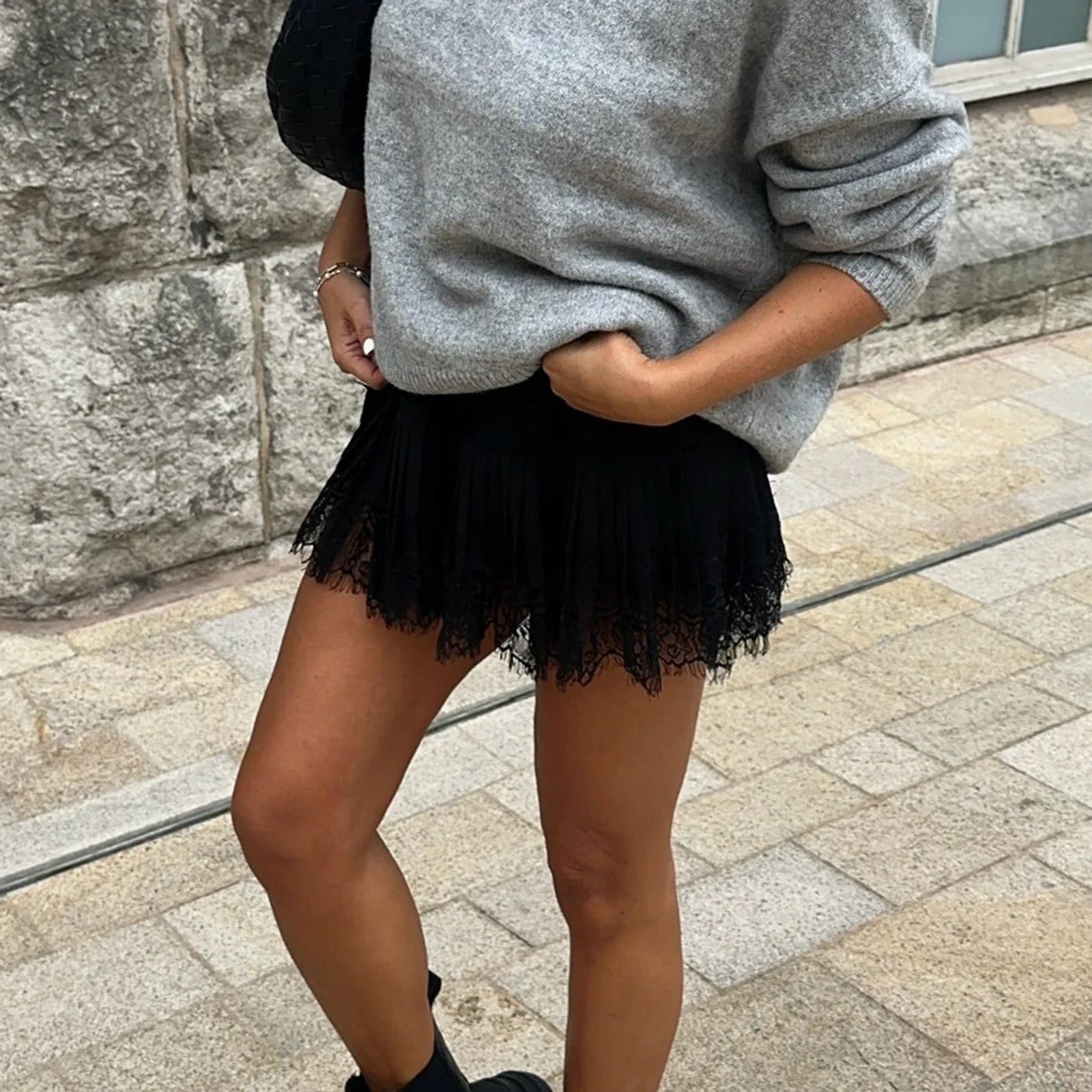 High Waist Lace Pleated Mini Skirt - Y2K A-Line