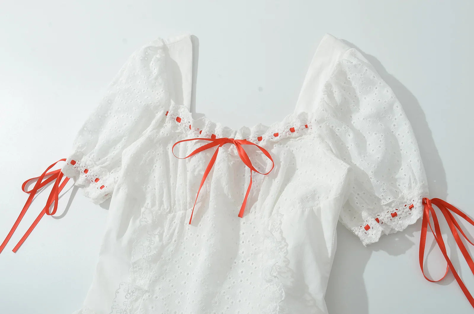 White Puff Sleeve Red Ribbon Lace Up Mini Dress