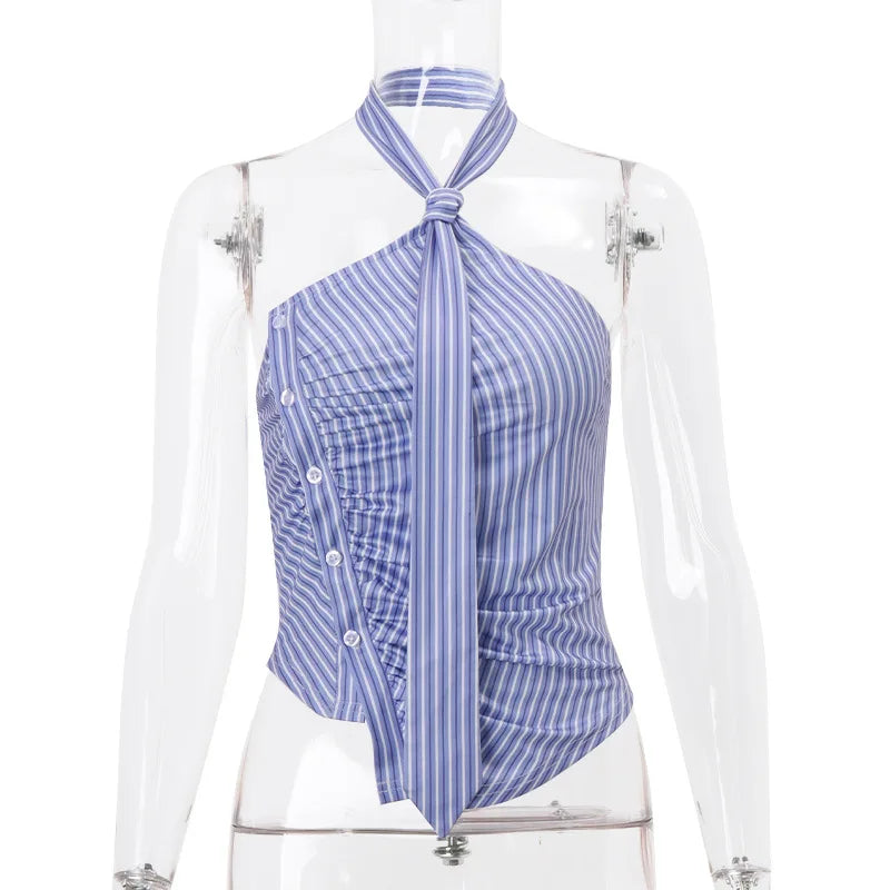 Blue Striped Halter Tie Detail Top