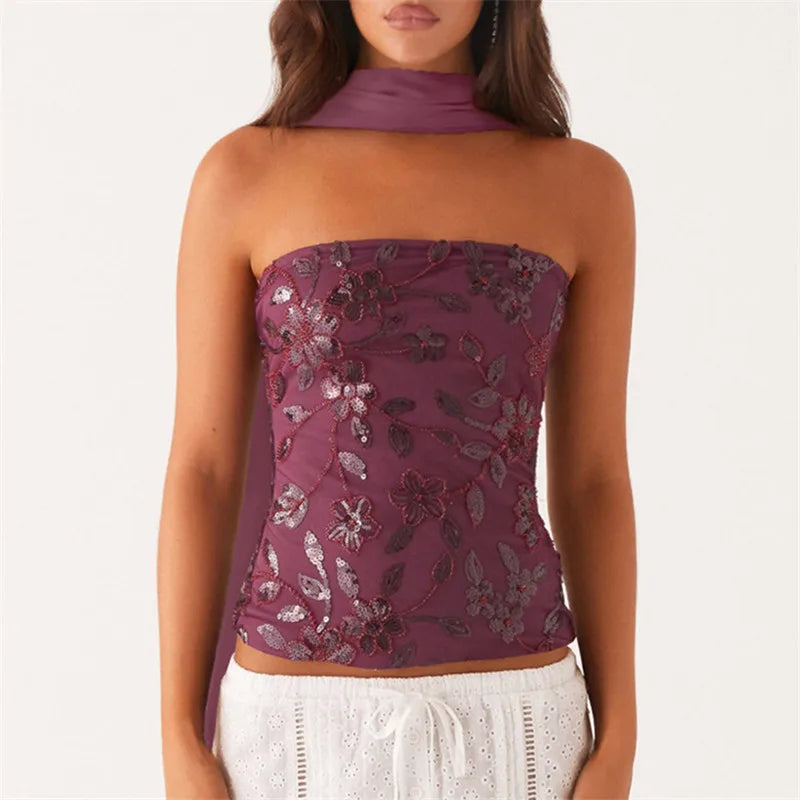 Sequin Tube Top with Scarf
