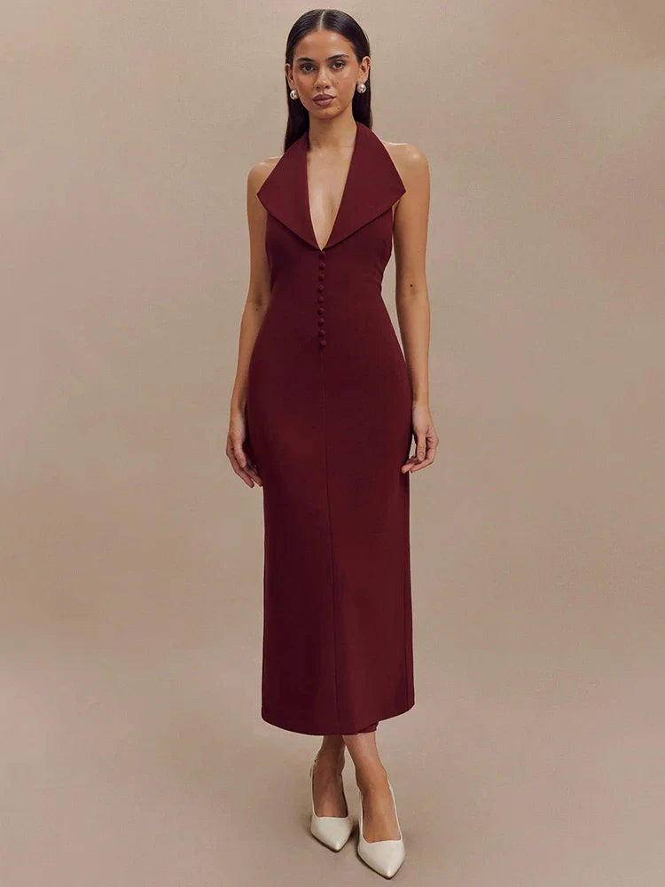 Deep Neck Large Collar Buttoned Halter Midi Dress