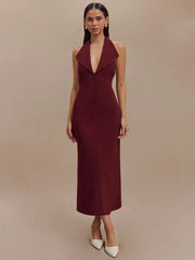 Deep Neck Large Collar Buttoned Halter Midi Dress