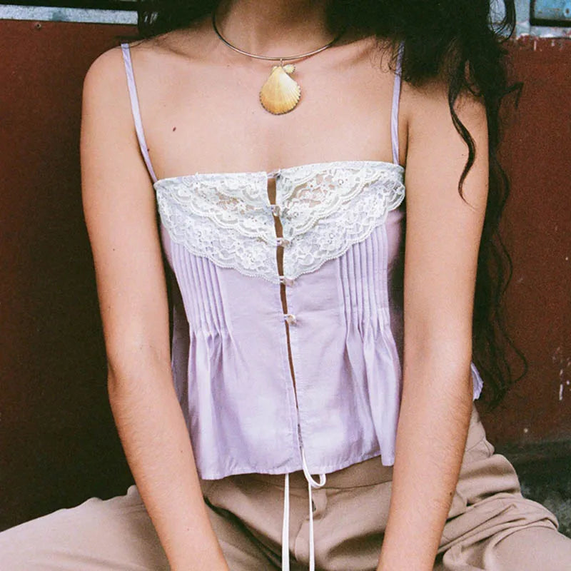 Lace Trim Front Button Up Crop Top