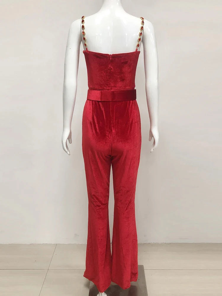 Red Velvet Diamond Strap Jumpsuit