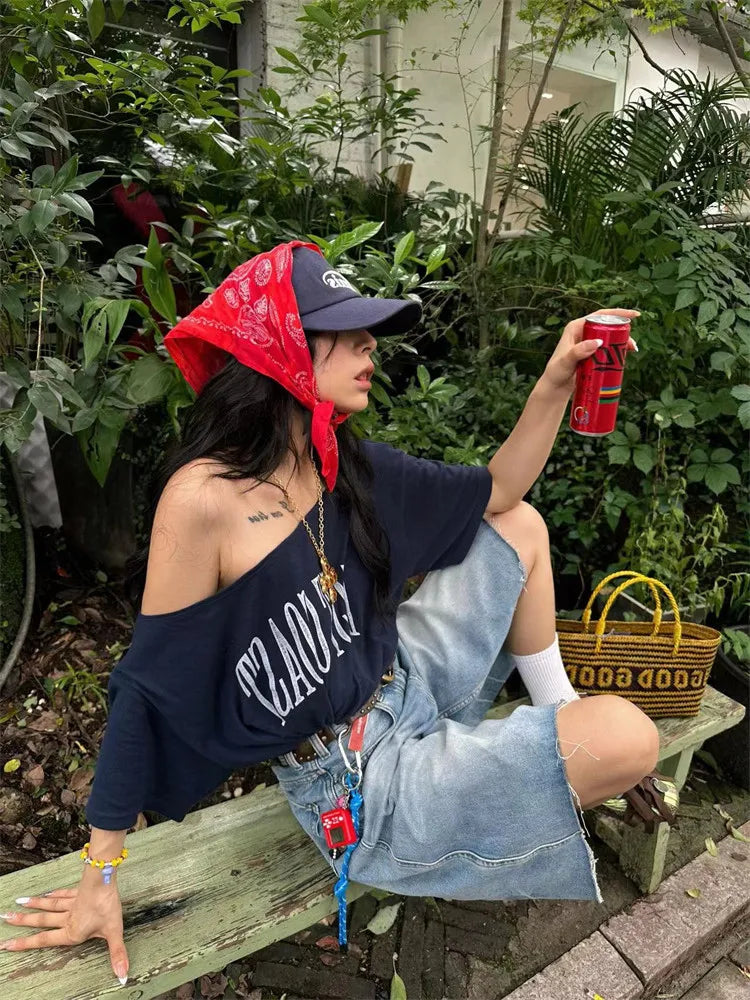 Blue East Cost Off Shoulder Graphic T Shirts