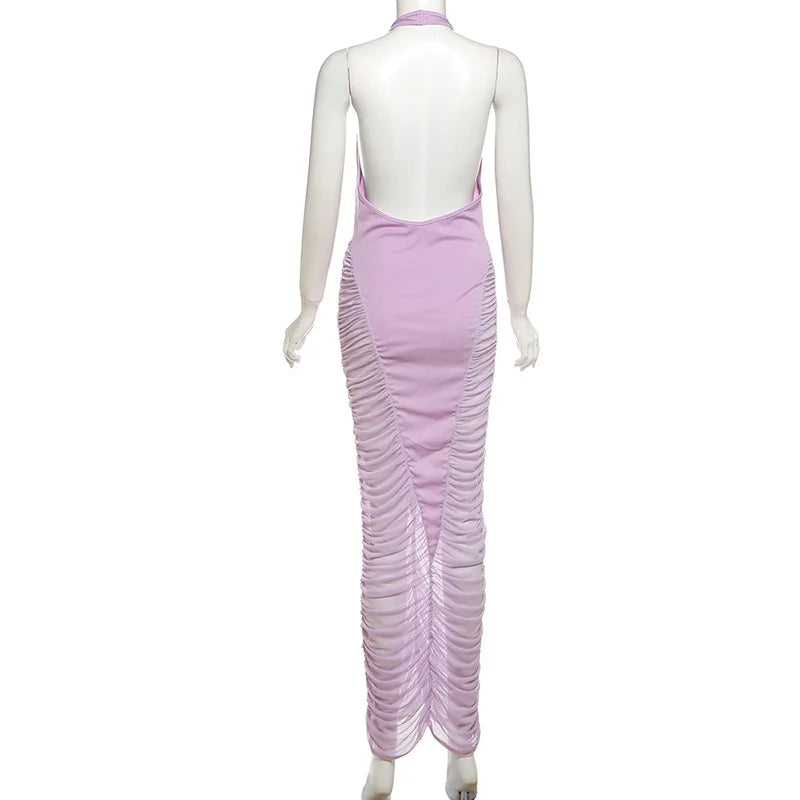 Purple Deep V Neck Ruched Maxi Dress