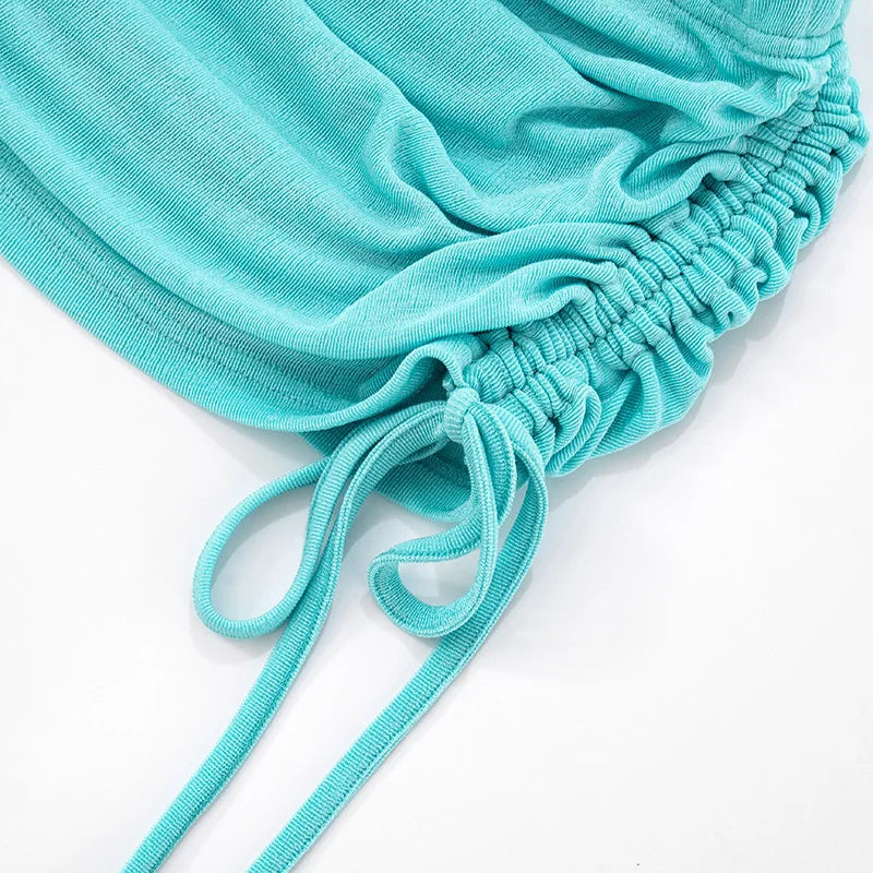 Blue Deep Neck Cowl Neck Crop Top And Rucked Drawstring Skirt Set