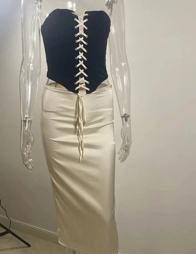 Black Lace Up Corset Top And White Satin Midi Skirt Set