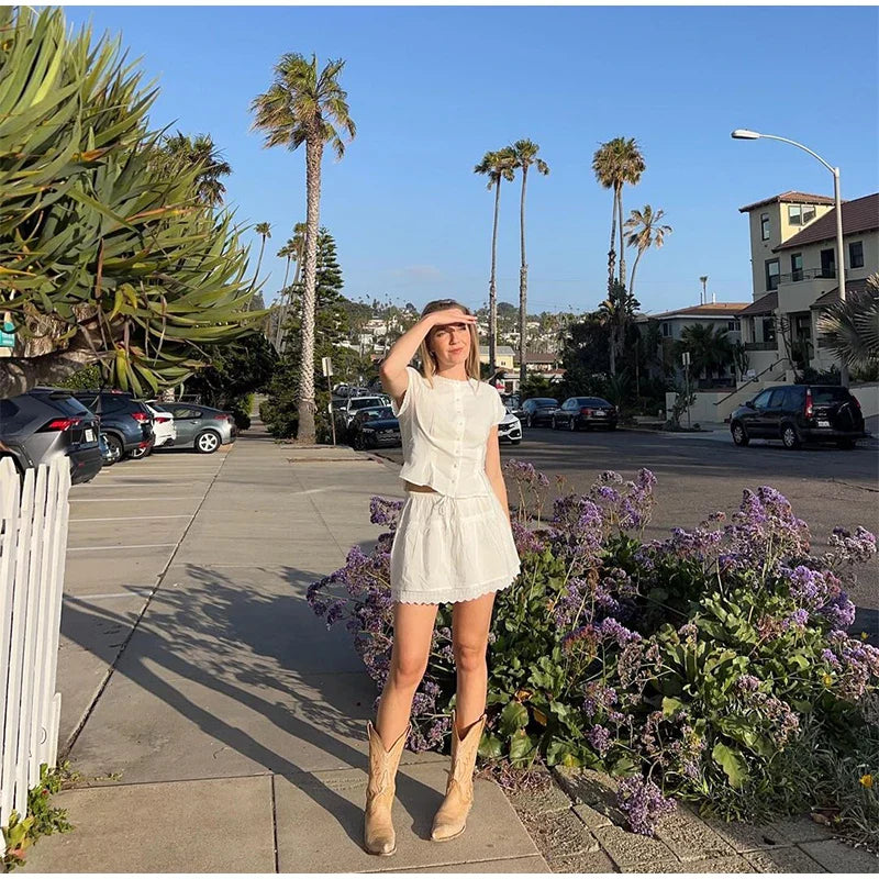 White Short Sleeve Top And Mini Skirt Set