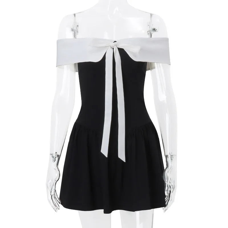 Bow Lace-up Black Off Shoulder Mini Dress