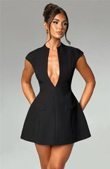 Black Deep Neck Short Sleeve Mini Dress
