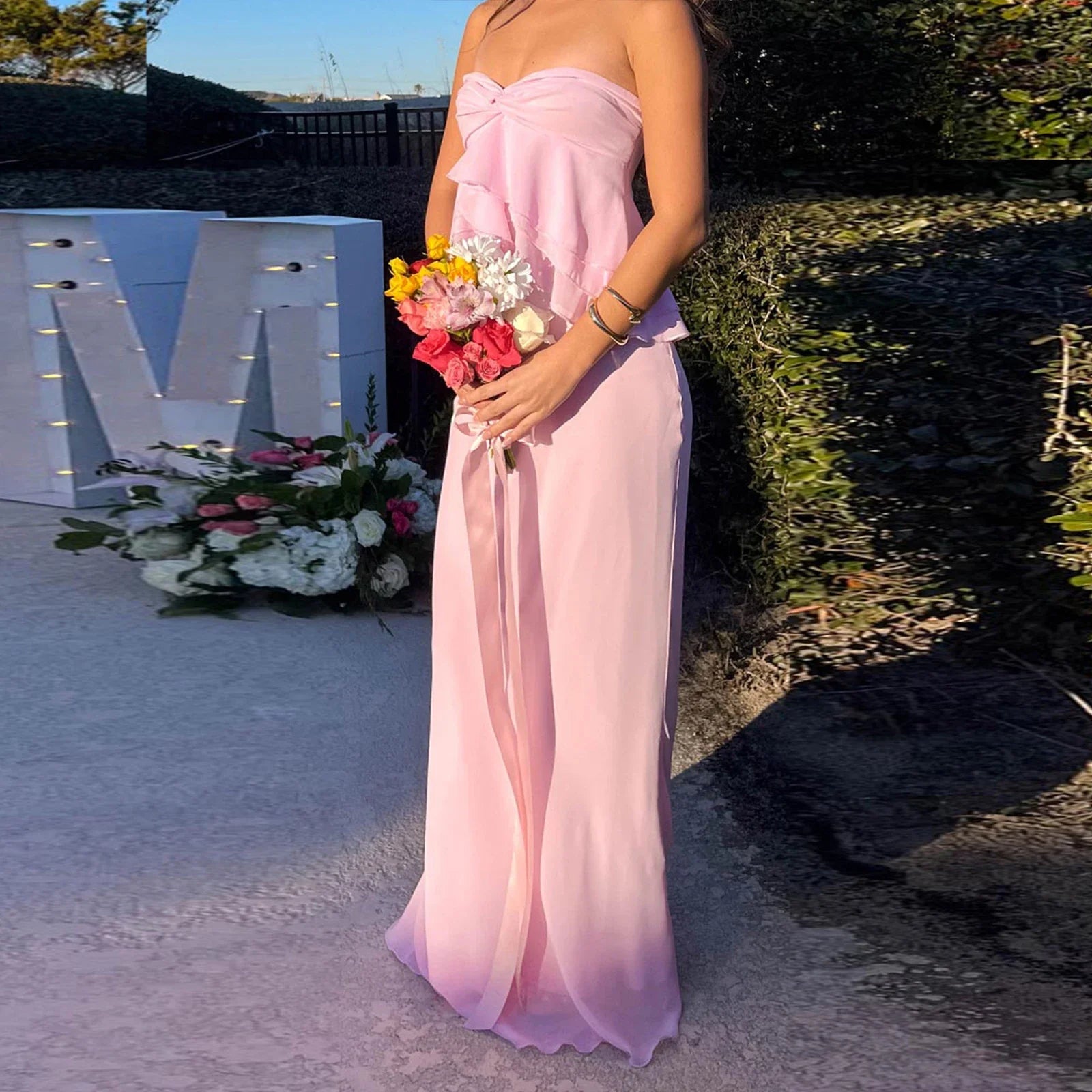 Pink Ruffle Tube Top And Maxi Skirt Set