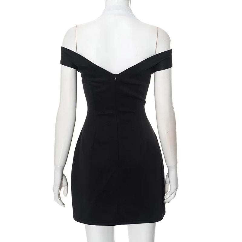 Black Off-Shoulder Contrast Halter Buttoned Mini Dress