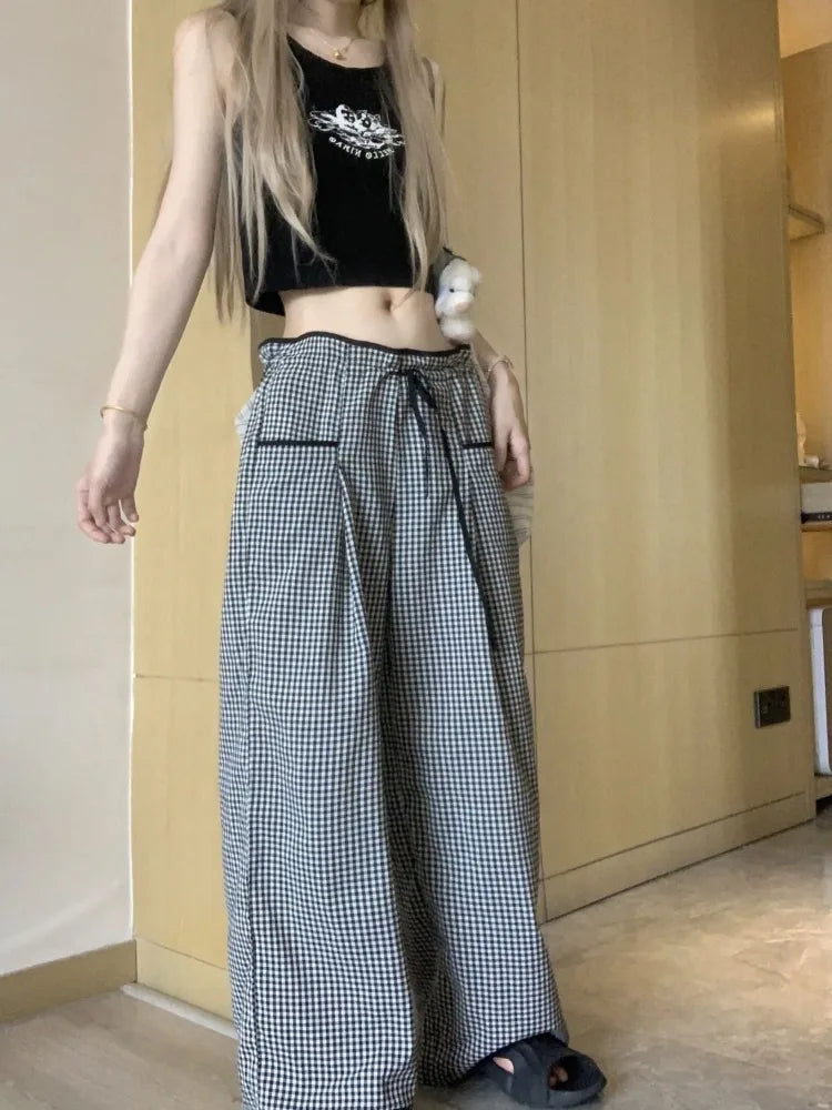 Black Plaid Drawstring Wide Leg Palazzo Pants