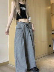 Black Plaid Drawstring Wide Leg Palazzo Pants