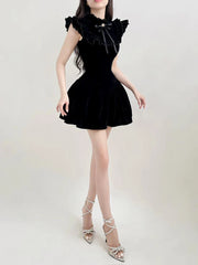Ruffle Sleeve High Neck Velvet Black Mini Dress