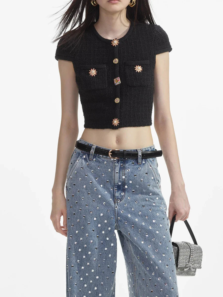 Knit Brooch Short Sleeve Top And Mini Skirt