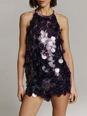 Halter Sequinned Open Back Mini Dress