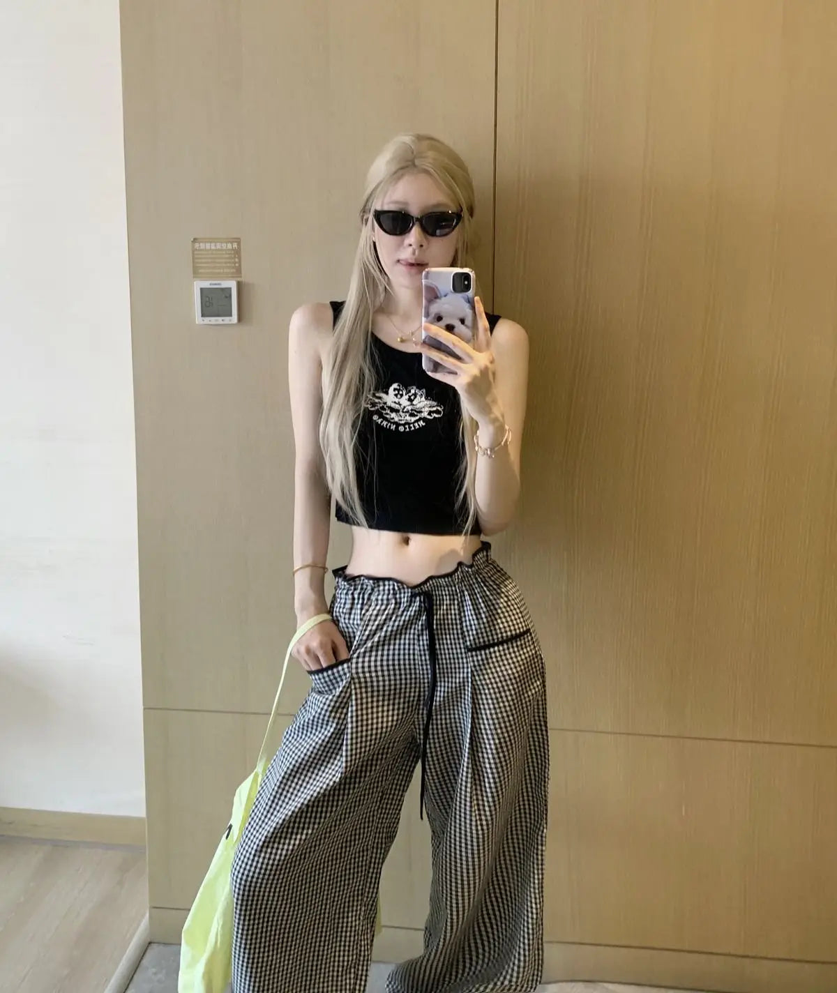 Black Plaid Drawstring Wide Leg Palazzo Pants