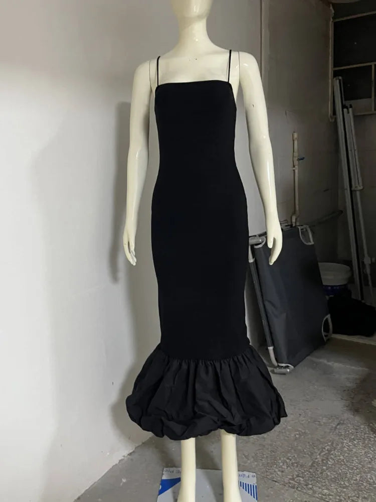 Black Spaghetti Strap Balloon Fishtail Midi Dress