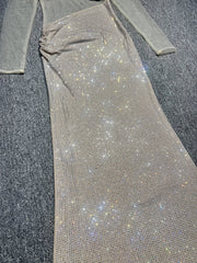 Rhinestone Slash Neck Long Sleeve Patchwork Maxi Dress