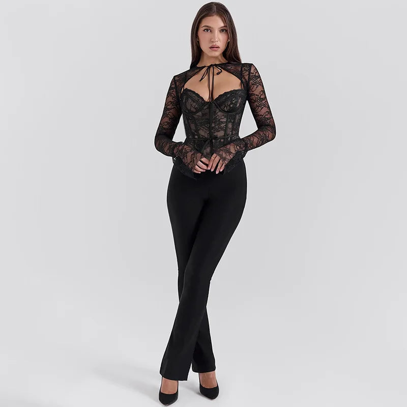 Black Long Sleeve Lace Tie Up Corset Top