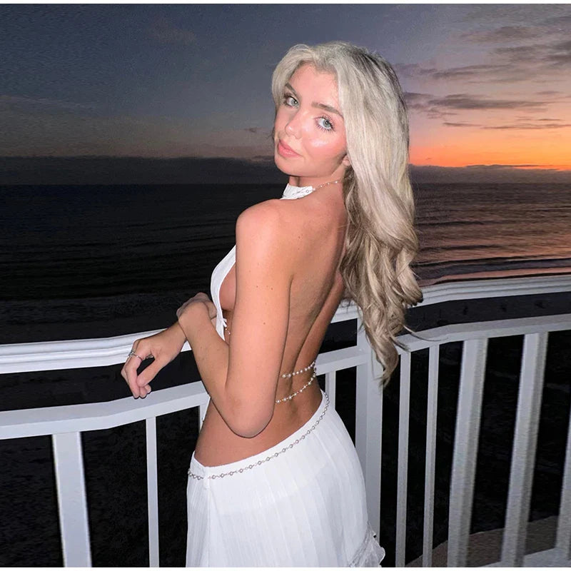 Open Back Beading Halter Crop Top And Mini Skirt Set
