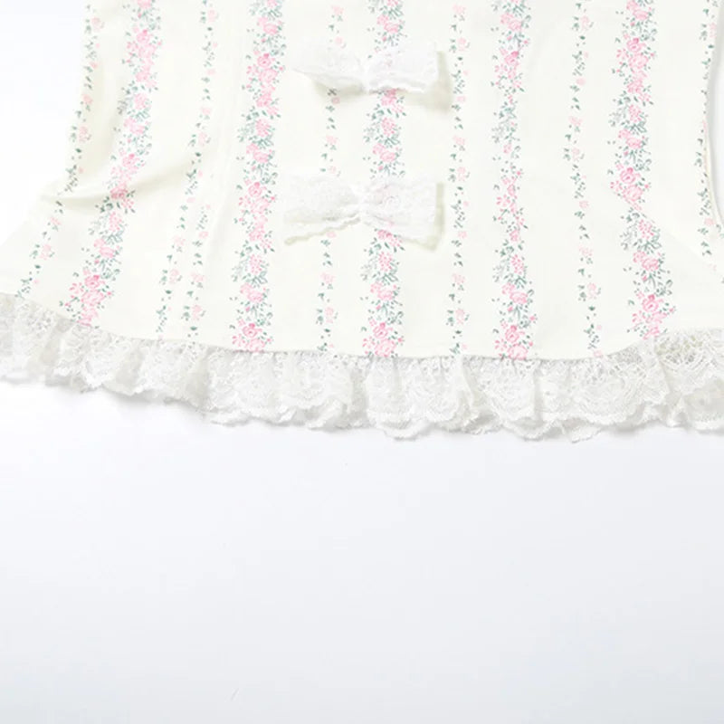 Strapless Lace Trim Pink Print Patchwork Corset Top