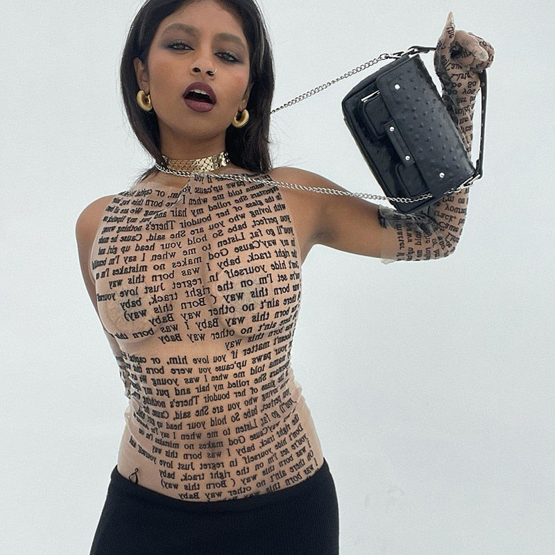 Mesh Letter Print Sleeveless Top With Gloves