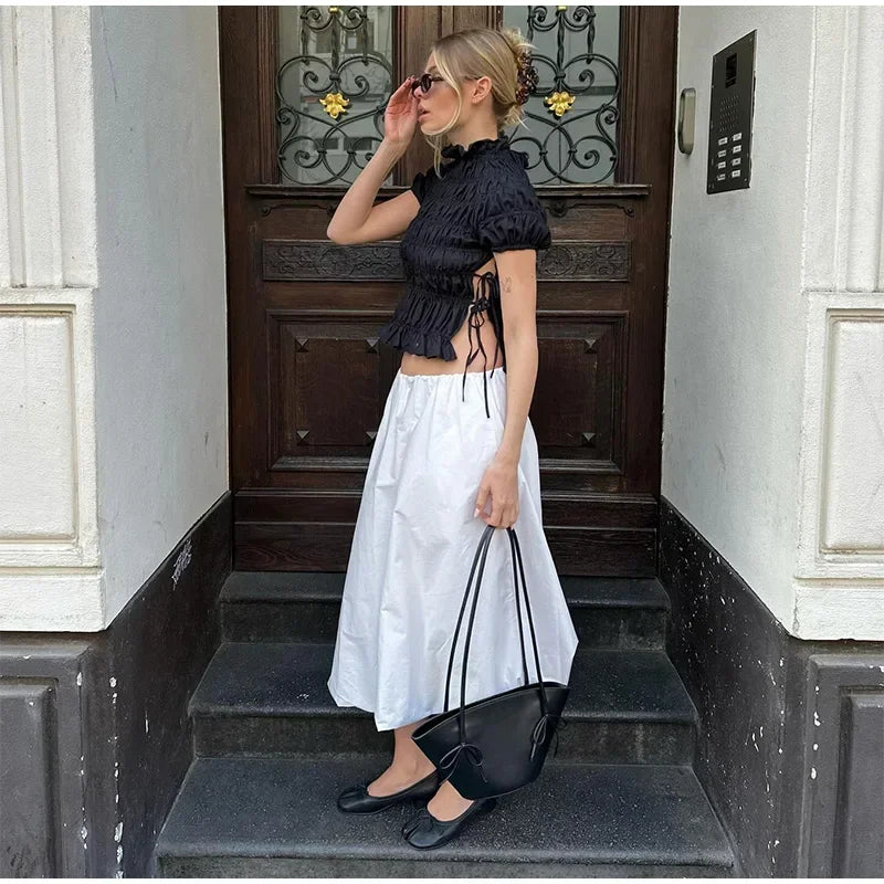 Ruched Short Sleeve Tie Up Top