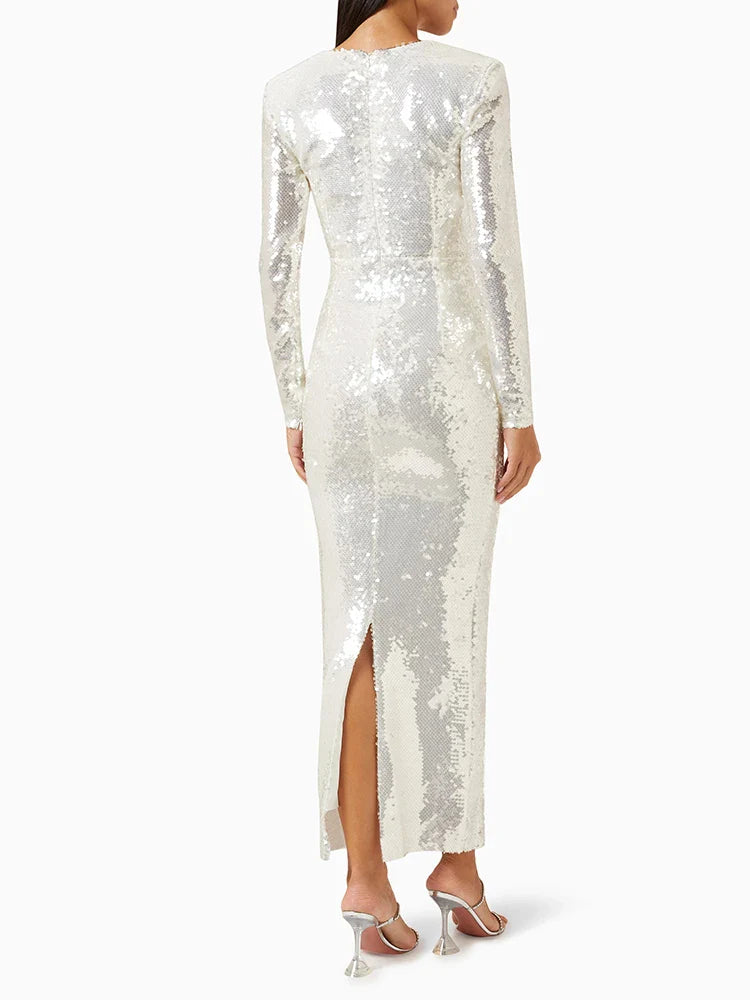 White Sequin Long Sleeve Flower Maxi Dress