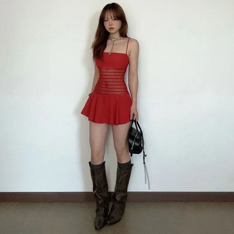 Red Mesh Patchwork Spaghetti Strap Low Cut Mini Dress