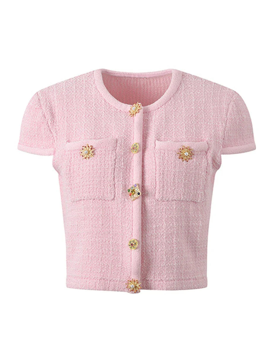 Knit Brooch Short Sleeve Top And Mini Skirt