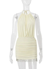White Backless Tassel Halter Slit Mini Dress