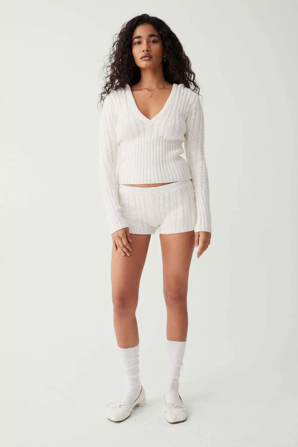 Long Sleeve Knitted V-Neck Hooded Sweater And Shorts Set