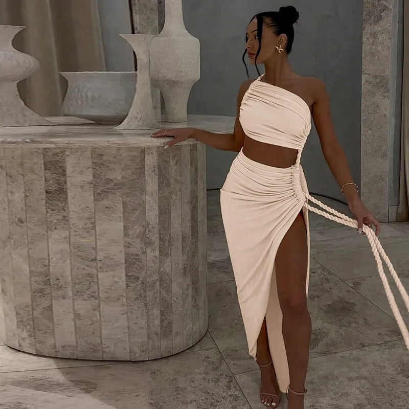 Cut Out Rope Design One Shoulder Slit Midi Dress